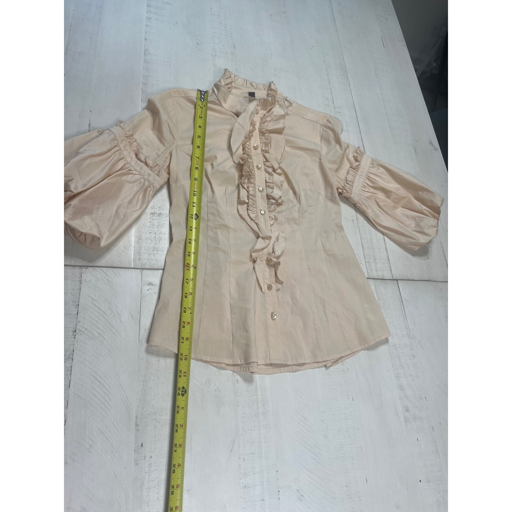 Vtg Bebe Women Ivory Ruffle High Neck Puff Sleeve Button Down Blouse Small - Picture 7 of 9
